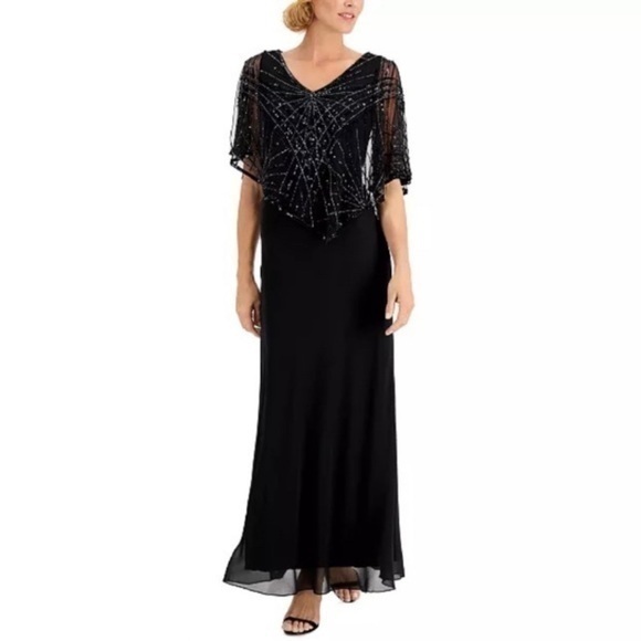 J Kara Embellished-Overlay Gown in Black/Gunmetal